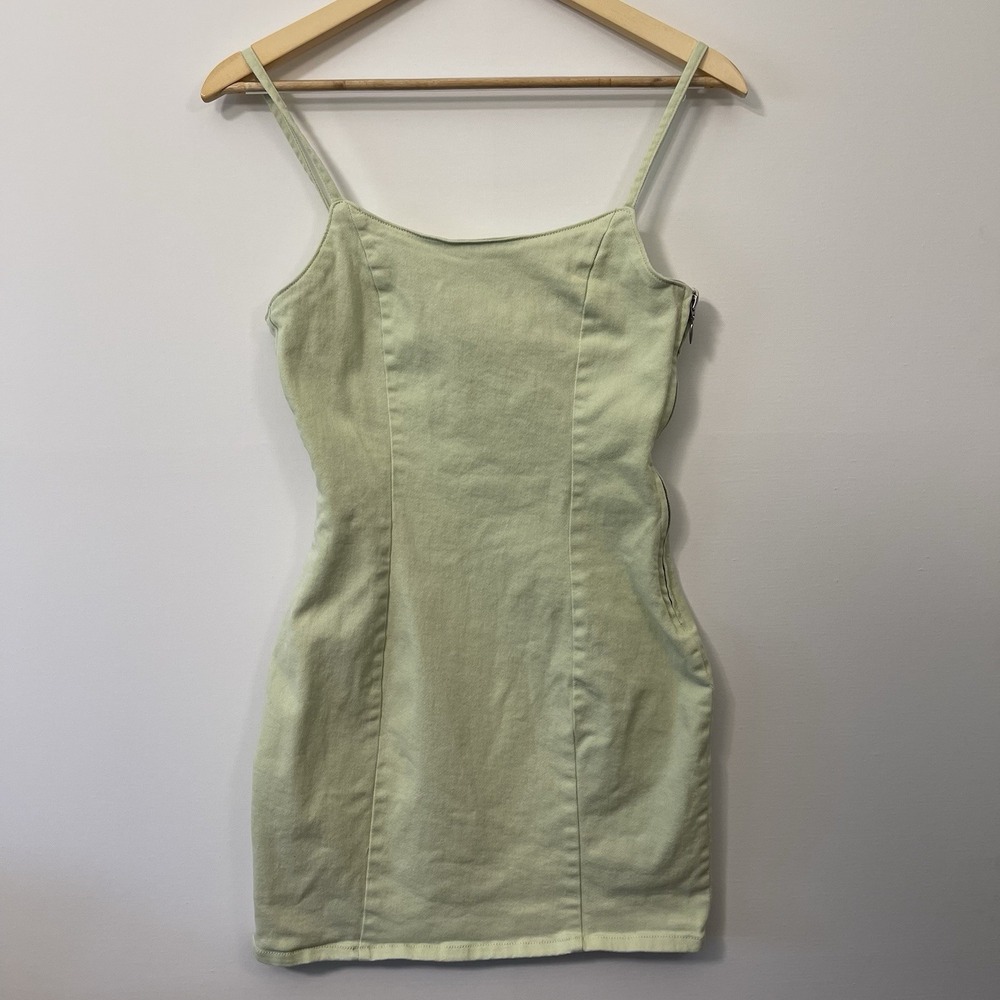 Divided Y2K Denim Bodycon Mini Dress Light Green Stretch Zipper Preppy Size S
